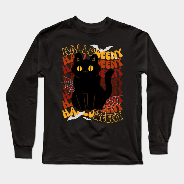 Spooky & Cute Halloween Black Cat Long Sleeve T-Shirt by HappyPeeps